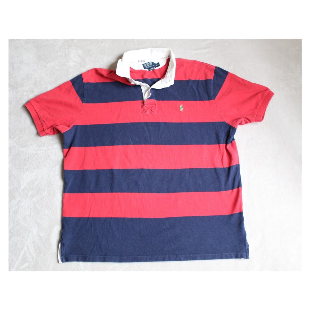 Polo Ralph Lauren Rugby Shirt Mens XXL Red Blue Striped Preppy Short Sleeve